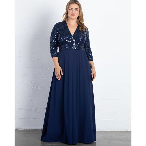 Kiyonna Dress Maxi 2X Navy Blue Paris Pleated Sequin Gown Pockets Formal Lined - Picture 7 of 8